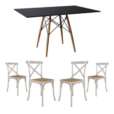 Imagem de Conjunto De Mesa Eiffel Retangular Tampo De Madeira 120X75Cm Preto Com 4 Cadeiras Katrina Branca