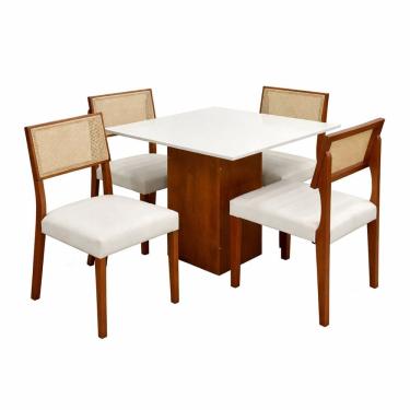 Imagem de Mesa de Jantar Dakota 90x90cm Sem Vidro e 4 Cadeiras Grecia em Linho Madeira Cel Móveis Cor Cinamomo Off White com Tecido Bege