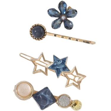 Imagem de Kit Grampos de Cabelo Estrela e Pedras Azul e Dourado (3 Peças) - ACBe