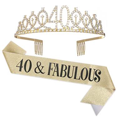 Imagem de UVATAHONA Faixa e tiara de aniversário de 40 anos para mulheres, faixa e coroa fabulosa de aniversário de 40 anos, presentes de feliz aniversário de 40 anos para lembrancinhas de festa e decorações de