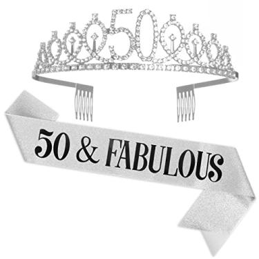 Imagem de UVATAHONA Faixa e tiara de aniversário de 50 anos para mulheres, faixa e coroa fabulosa de 50 anos, presentes de feliz aniversário de 50 anos para lembrancinhas de festa e decorações de rainha, prata