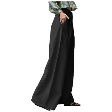 Imagem de Calça feminina pequena cintura alta calça de moletom verão perna larga linho calça social leve para trabalho, Preto, GG