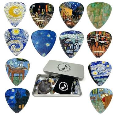 Imagem de Pick-a-Palooza Conjunto de presente de palhetas de guitarra impressionistas para guitarrista - pacote com 12 peças leve/médio/pesado, lata colecionável personalizada, suporte de palheta de couro,