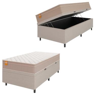 Imagem de Cama Box Baú Solteiro Colchão Molas Qatar 88x188x63cm Bege/Branco Inducol - Suporta Até 200 Kg Por Pessoa