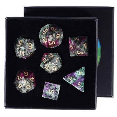 Imagem de rockcloud Ruby in Fuchsite Stone DND Polyhedral Dice Set of 7, Healing Crystal Stone Hand-Made Dices with Dice Box for RPG MTG Table Games Home Office Decor
