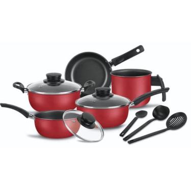 Imagem de Jogo de Panelas Antiaderente Tampa de Vidro 8 Peças - Dona Chefa, Verm