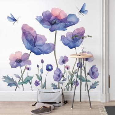 Imagem de RAINBOW WSK Decalques de parede de flor azul roxo grande papoula borboleta adesivos de parede buquê removível decoração de parede floral para quarto de meninas quarto sala de estar MG-C007
