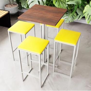 Imagem de Conjunto Mesa Alta Bar Bistrô Quadrada Imbuia 4 Bancos Estofado Industrial White (Amarelo)