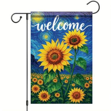 Imagem de Starlit Patio Bandeira de jardim de girassol noite estrelada Van Gogh bandeiras 30 × 45 cm dupla face vertical fazenda quintal bandeira primavera verão sazonal decoração ao ar livre