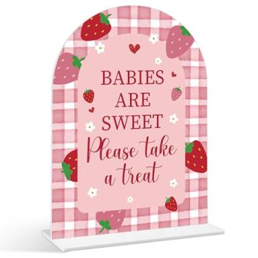 Imagem de Babies Are Sweet Please Take a Treat Sinal - Placa de chá de bebê de morango, 1 pacote de placa de acrílico com suporte, decoração de mesa de festa reveladora de gênero, suprimentos para chá de bebê