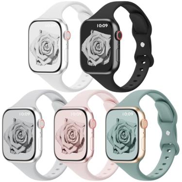 Imagem de Pacote com 5 pulseiras finas de silicone compatíveis com Apple Watch Ultra 3 2 e 1 séries 11/10/9/8/7/SE/6/5/4 de 38 mm, 42 mm, 40 mm, 44 mm, 41 mm, 45 mm, 46 mm e 49 mm, para iWatch Ultra 3 2 1