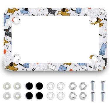 Imagem de Cute Dogs Suporte de placa de carro de motocicleta de aço inoxidável metal colorido animal 4 furos masculino feminino acessório de motocicleta à prova d'água com parafusos tampas de porca 19,6 cm x