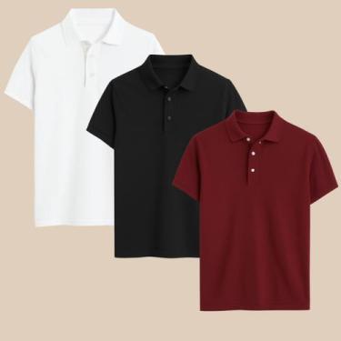 Imagem de Kit 3 Camisa Polo Masculina Básica Elegante com Botões  Estilo Casual 