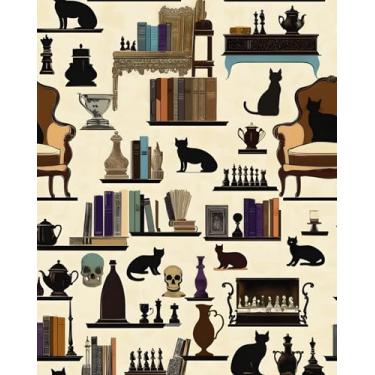 Imagem de XRUIBZI Papel de parede de esqueleto gótico preto boho gato bege vintage colorido papel autoadesivo para banheiro quarto armário vinil impermeável removível dormitório amigável para locatários 44,5 cm