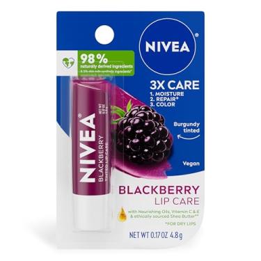 Imagem de NIVEA Blackberry Lip Care, protetor labial matizado com manteiga de karité, óleos nutritivos e vitamina C e E, hidratação 3 em 1, reparo (para lábios secos) e cor, bastão de 4,8 g