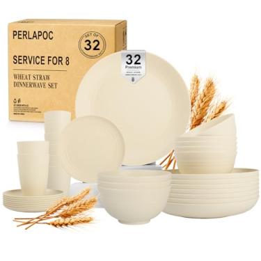 Imagem de Perlapoc Conjuntos de louça de palha de trigo para 8, 32 peças, conjuntos de pratos e tigelas inquebráveis, conjunto de pratos de cozinha - prato de jantar/prato de sobremesa/tigela de cereal/xícara