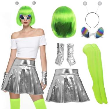 Imagem de Vegove 6 peças de fantasia de alienígena feminina, saia metálica, faixa de cabeça, óculos de cabelo bob, acessórios espaciais verde neon para o dia das bruxas (grande)