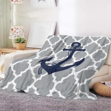 Imagem de Cobertor de âncora náutica – Design de treliça marroquina cinza e branco com âncora azul marinho – Cobertor de lã náutico costeiro para sofá, cama, casa de praia ou quarto com tema marinho (99,8 x