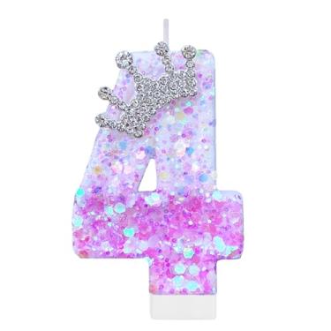 Imagem de Vela roxa de aniversário número 4 para bolo, coroa roxa, enfeite de bolo, decorações de festa de aniversário de princesa, enfeite de cupcake, lembrancinhas de festa, suprimentos de decoração