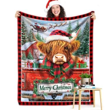 Imagem de Cobertor de vaca Highland de Natal, cobertor de flanela macio e aconchegante com xadrez de búfalo, decoração de férias de fazenda, cobertor quente para sofá, cama, sofá, rústico para mulheres meninas