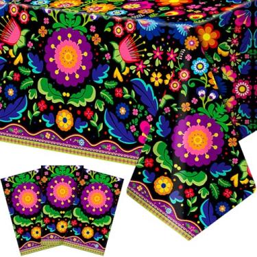 Imagem de Frienda 3 peças de toalha de mesa mexicana Dia dos Mortos decoração 137 x 272 cm Fiesta floral descartável suprimentos de festa Sugar Skull Birds para Dia de Los Muertos Halloween (floral)