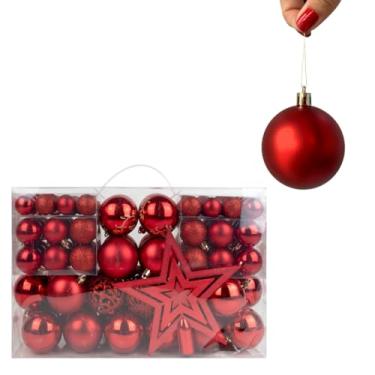 Imagem de Kit 100 Bolas 3 4 e 6cm e Estrela Ponteira 18cm Natal Vermelho Para Árvore Enfeite Natalino Premium