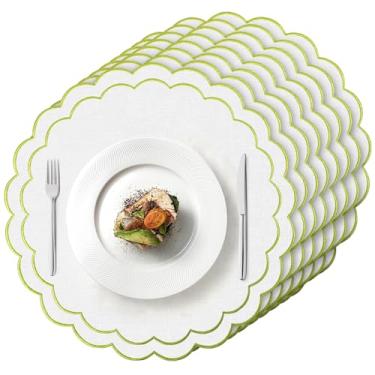 Imagem de Conjunto de 8 jogos americanos de linho de algodão, 38 x 38 cm, tapetes de mesa em tecido de camada dupla, lavável na máquina, sem vincos, para decoração de cozinha de restaurante, branco, verde