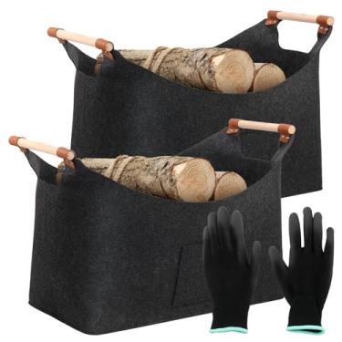 Imagem de LCZNXJJY Cestas de madeira para lareiras, cesta de armazenamento de lenha de feltro, bolsa de lenha de grande capacidade de 30 kg com luvas, bolsa de transporte de lenha com alças para uso interno de