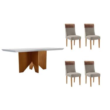 Imagem de Conjunto Sala de Jantar Nevada c/ Tampo Madeirado c/ Vidro Canto Curvo 120x80cm e 4 Cadeiras Jaspe Madeira Maciça Naturale/Off White - Capuccino/Suede
