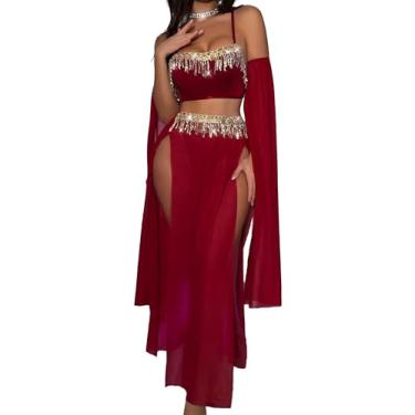 Imagem de Panegy Women Exotic Belly Dancer Costume Set Carnival High Slit Mesh Skirt Adjustable Strap Crop Top Lingerie Outfit Costume Red M