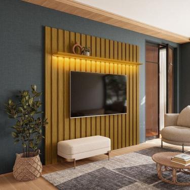 Imagem de Painel Ripado London com Led para Tv 70” Rack Retrô Panamá Porta Deslizante Off White Bege Acetinado/ Cedro Freijó Acetinado