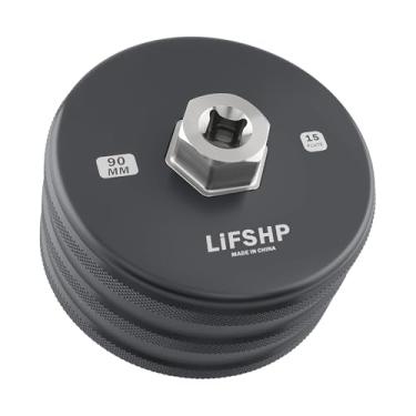 Imagem de LIFSHP Chave de filtro de óleo de 15 canais de 90 mm, alumínio e aço inoxidável para Jaguar com tampa de filtro de óleo de plástico LR019477, ferramenta de remoção para troca de pistola de óleo preta