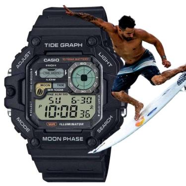 Imagem de Relógio de Pulso Casio Masculino Tábua de Marés Dual Time Hora Mundial Prova D`agua 100 Metros Digital Esportivo Surfista Preto WS-1700H-1AV