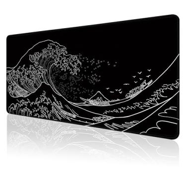 Imagem de Tapete de mouse grande para jogos para computador, preto e branco japonês onda do mar, mouse pad longo 2GG à prova d'água, grandes tapetes de mouse antiderrapantes para jogos, escritório, casa (80 x