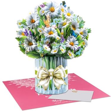 Imagem de Cartão de buquê de margaridas 3D pop-up branco cartão de aniversário para mulheres dia das mães cartão de felicitações floral para ficar bem logo pensando em você, aniversário, obrigado presente de
