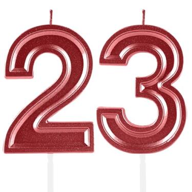 Imagem de Velas de aniversário de 23 anos, numerais vermelhos, 23 topper de bolo, decoração para meninas e meninos, tema de aniversário, festa de casamento, artigos de celebração
