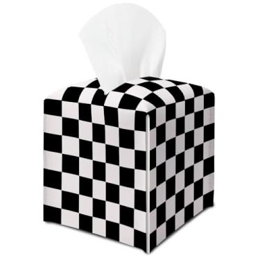 Imagem de Capa de caixa de lenços xadrez preto e branco, capa quadrada quadriculada quadriculada para lenços de papel, organizador de papel facial para casa, banheiro, escritório, quarto, decoração de mesa -14