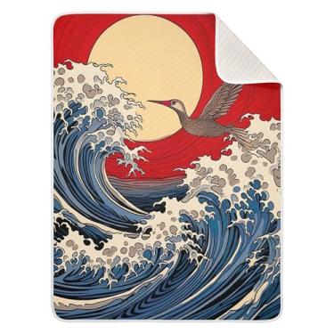 Imagem de xigua Cobertor de bebê japonês com ondas do mar, cobertor de algodão para bebês, cobertor leve e macio para berço, carrinho de bebê, cobertores de berçário, 76 x 101 cm