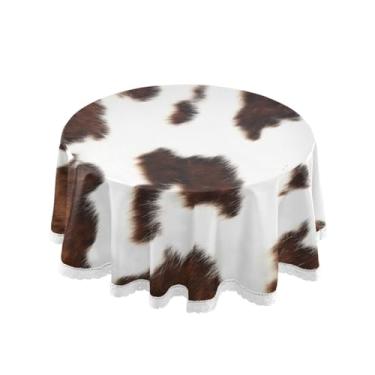 Imagem de Qilmy Toalha de mesa redonda de vaca com estampa marrom branca 152 cm, resistente à água, à prova de derramamento, capa de mesa grande para jantar de reunião de família em ambientes internos e