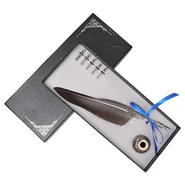 Imagem de Caneta-tinteiro vintage europeia Pena Quill Dip Pen Sign Pen Set com caixa de presente Elegante instrumento de escrita antigo para caligrafia Desenho Presentes Liga Pena Azul (Preto Branco)