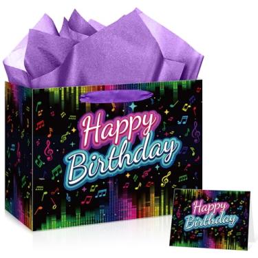Imagem de Wauprant Sacos grandes de presente de aniversário de música de balanço para homens e mulheres rock and roll, bolsa de presente de feliz aniversário com cartão de papel de embrulho, decorações de festa