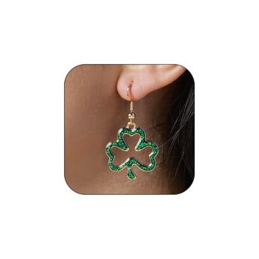 Imagem de Brincos femininos de trevo de Dia de São Patrício com glitter, brincos de trevo verde dourado oco para festivais irlandeses, brinco de dia de São Patrício para mulheres, Large, Metal, Sem pedra