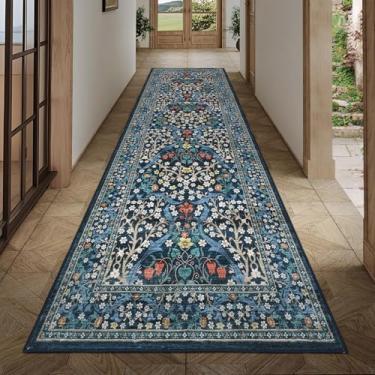 Imagem de GarveeHome Tapete de corredor floral, tapetes de corredor de cozinha 6 x 20 cm, tapetes laváveis antiderrapantes para entrada, tapete ultrafino resistente a manchas para lavanderia, azul escuro