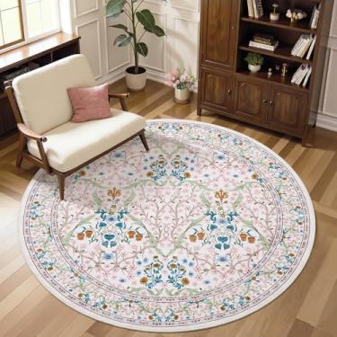 Imagem de GarveeHome Tapete redondo floral rosa de 1,8 m lavável, antiderrapante, macio, tapete circular de pelo baixo, tapetes vintage para cozinha, quarto, berçário, sala de jantar, sala de estar