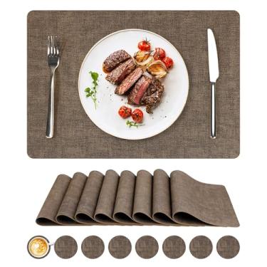 Imagem de Jogo americano de vinil, conjunto de 8 tapetes de couro sintético, à prova d'água e resistente ao calor, tapetes de mesa laváveis antiderrapantes com porta-copos para ambientes internos e externos, 43