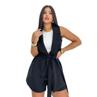Imagem de Conjunto Feminino Alfaiataria Shorts e Colete Longo Preto Elegante Soc