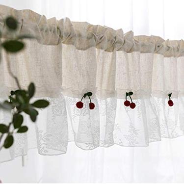 Imagem de Cortina de cozinha renda café cortina curta cortina transparente feita à mão estilo rural americano, decorada com cerejas vermelhas 150 cm (L) x 40 cm (A)-A