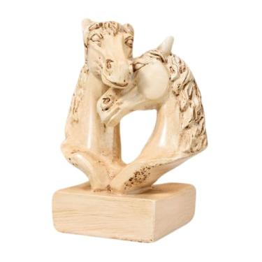 Imagem de WeiLaiKeQi Enfeite de mesa com duas cabeças de cavalo, lembrança de bênção, decoração de Ano Chinês, escultura para ou quarto, Cor de Madeira