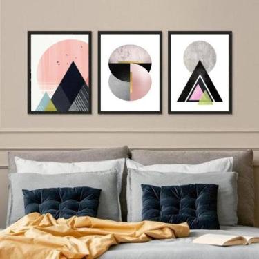 Imagem de Kit 3 Quadros Geométricos Quarto Rosê E Preto 33X24Cm