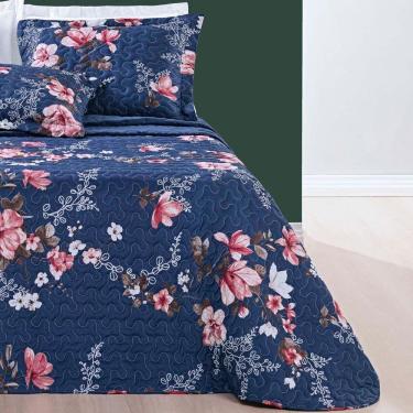 Imagem de Kit Cobre Leito Colcha Celi Solteiro Dupla Face Micropercal 200 Fios 2 Peças - Azul Marinho Floral
